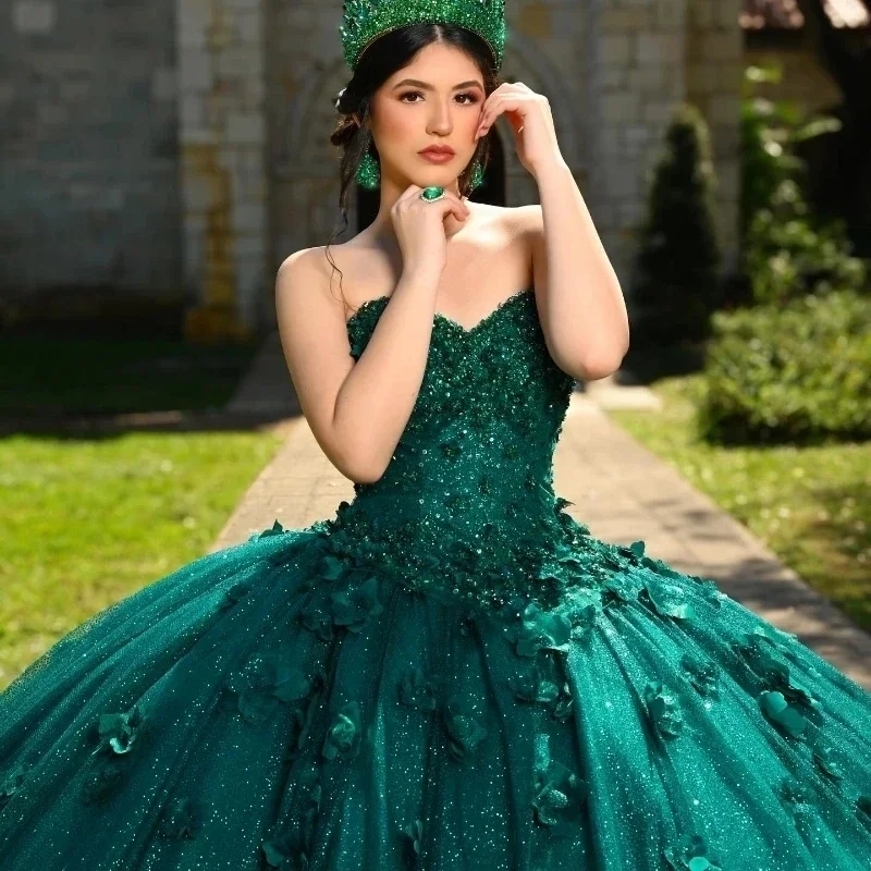 Blackish Green Shiny Sweetheart Mexican Quinceanera Dresses 3D Flowers Beads Tull Off The Shoulder Ball Gowns Sweet 16 Vestidos De XV 15 Anos