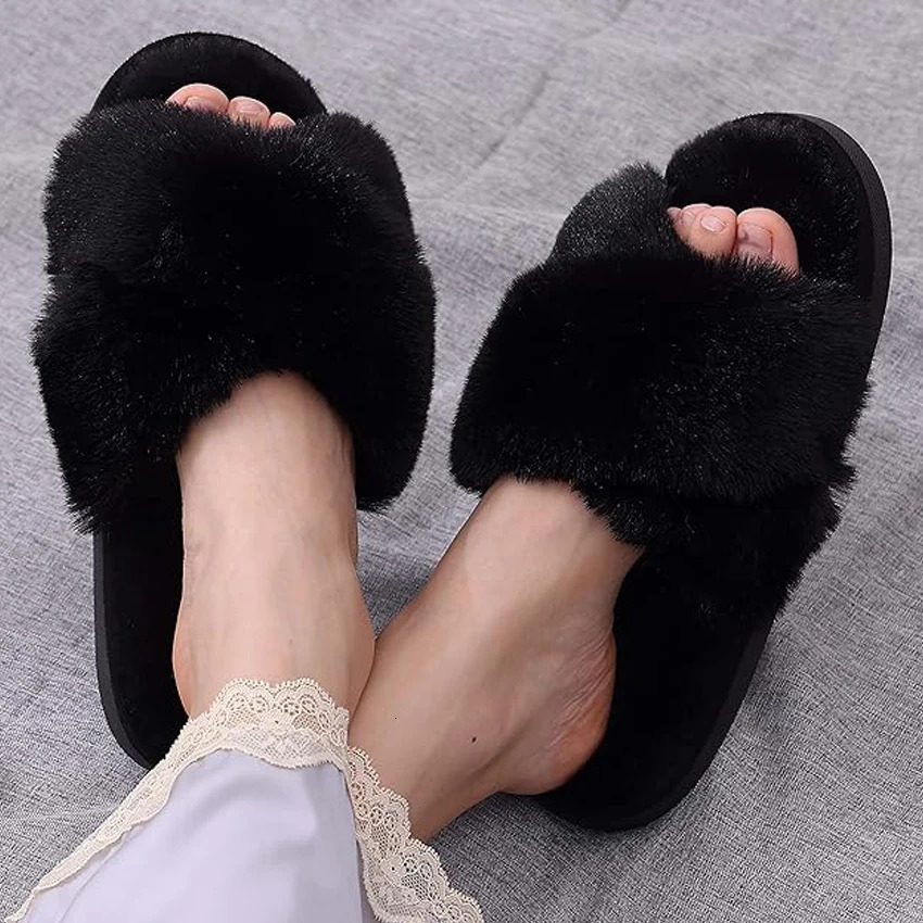Comwarm Winter Fluffy Fur Slippers Women Fashion Plush Fuzzy Slippers Indoor Open Toe Flats Cotton Shoes Comfort House Slippers 241025
