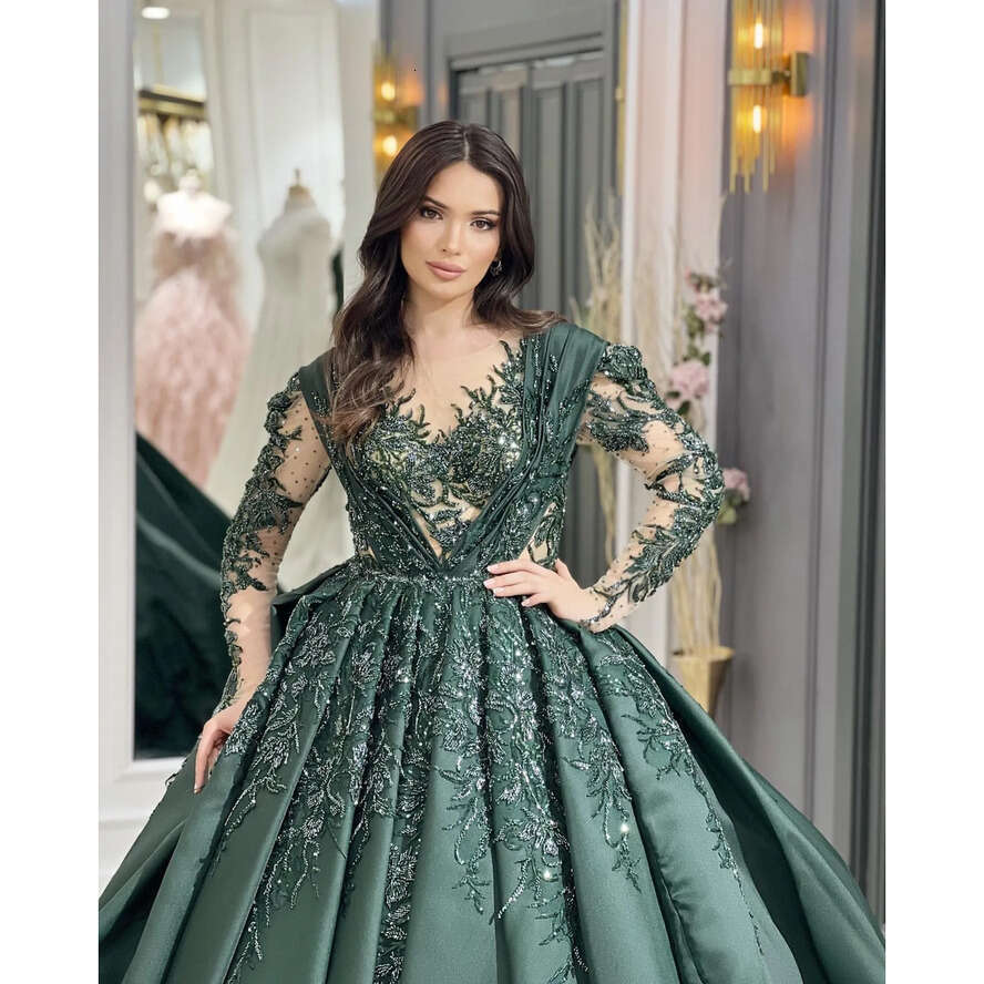 Dark Green Muslim Evening Dresses Elegant Sheer Neck Long Sleeves Ball Gown Turkish Kaftan Dress Crystal Beaded Ruffle Saudi Arabic Formal Gowns For W