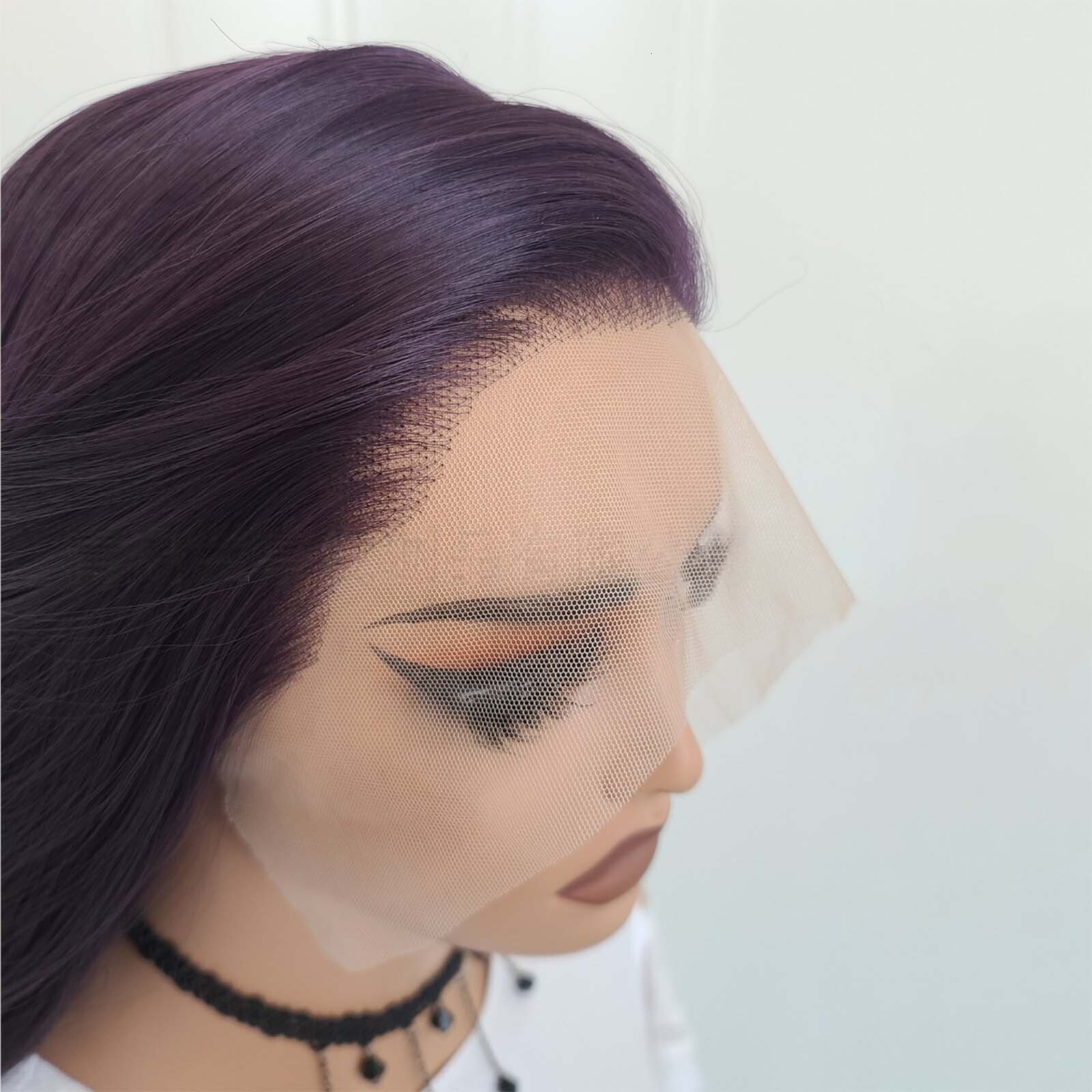 Long Straight Synthetic Lace Front Wig Glueless Ready to Wear Dark Purple Hair Frontal Wigs for Women Party Cosplay