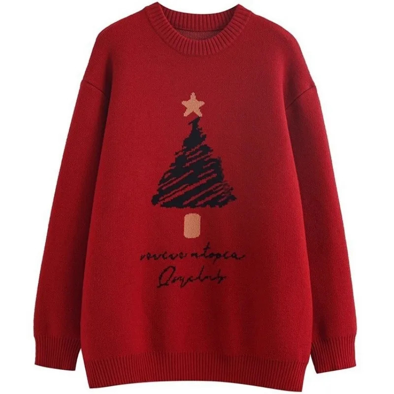 Christmas Harajuku sweater atmospheric winter retro lucky tree embroidery long sleeved round neck loose knit sweater 241025