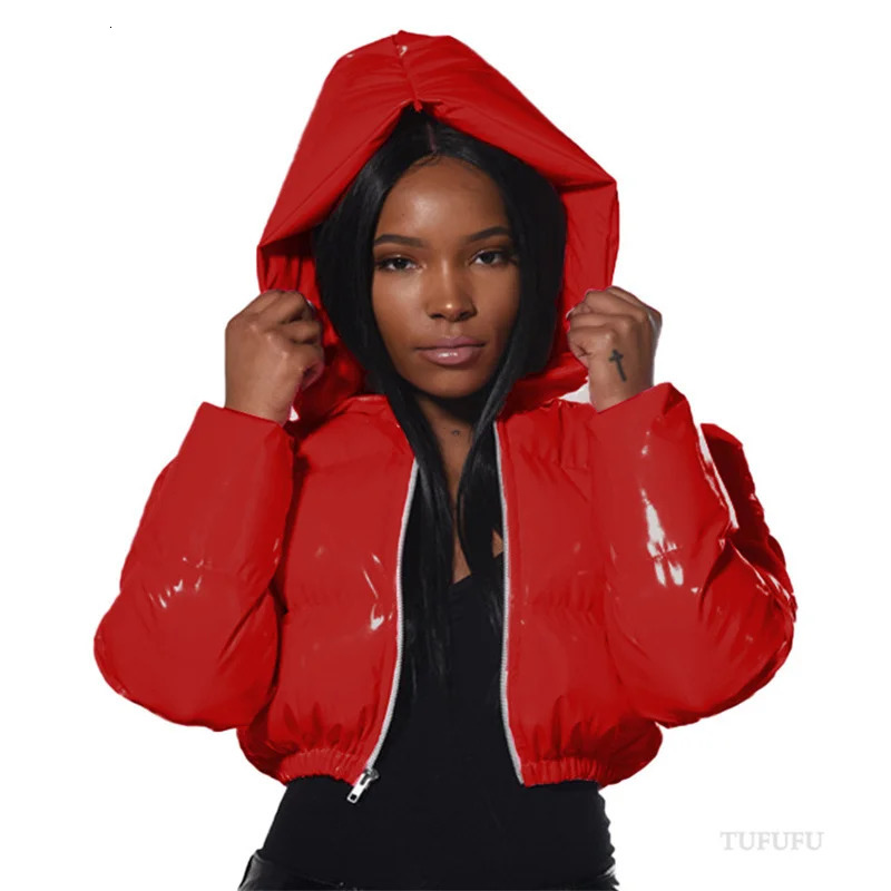 Fashion Cute Women Bright PU Pink Puffer Jacket Winter Warm Bubble Coats Shiny Leather Parkas Down Zipper Cropped Jackets Parkas 241028