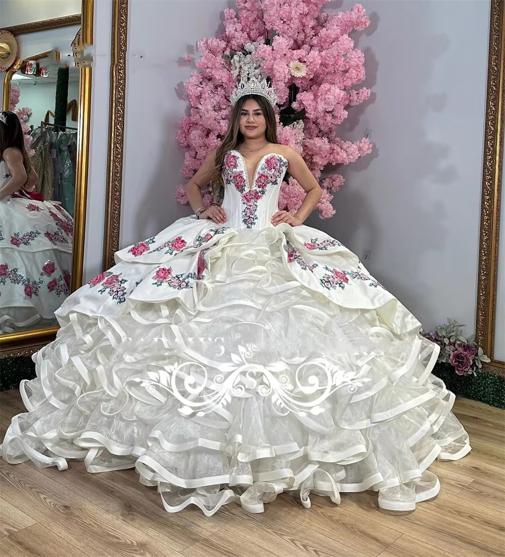 White Strapless Quinceanera With Pink Wer Embroidery, Ball Gown, Ruched Ruffles, Formal Graduation Dress