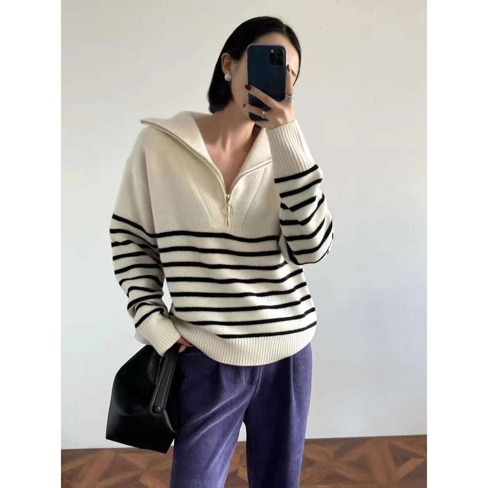 Autumn/Winter New Classic Striped Zipper Turtleneck + Lapel 100% Cashmere Knit Women's Bottom Sweater