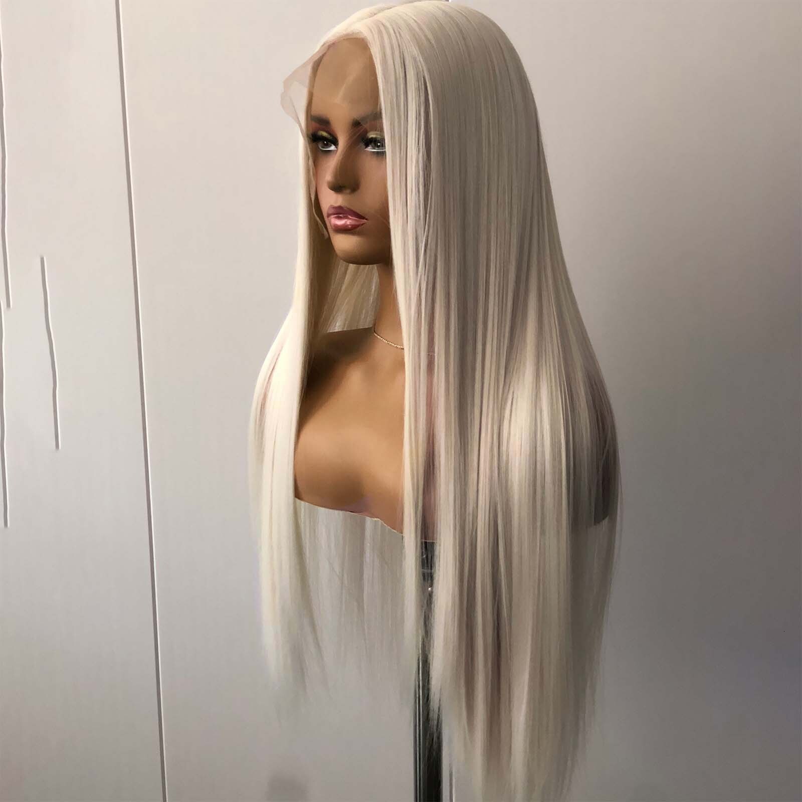 Platinum Blonde Long Straight Synthetic Front Wig Light White Blond Colored Hair 13X4 Lace Frontal Wigs for Women Party