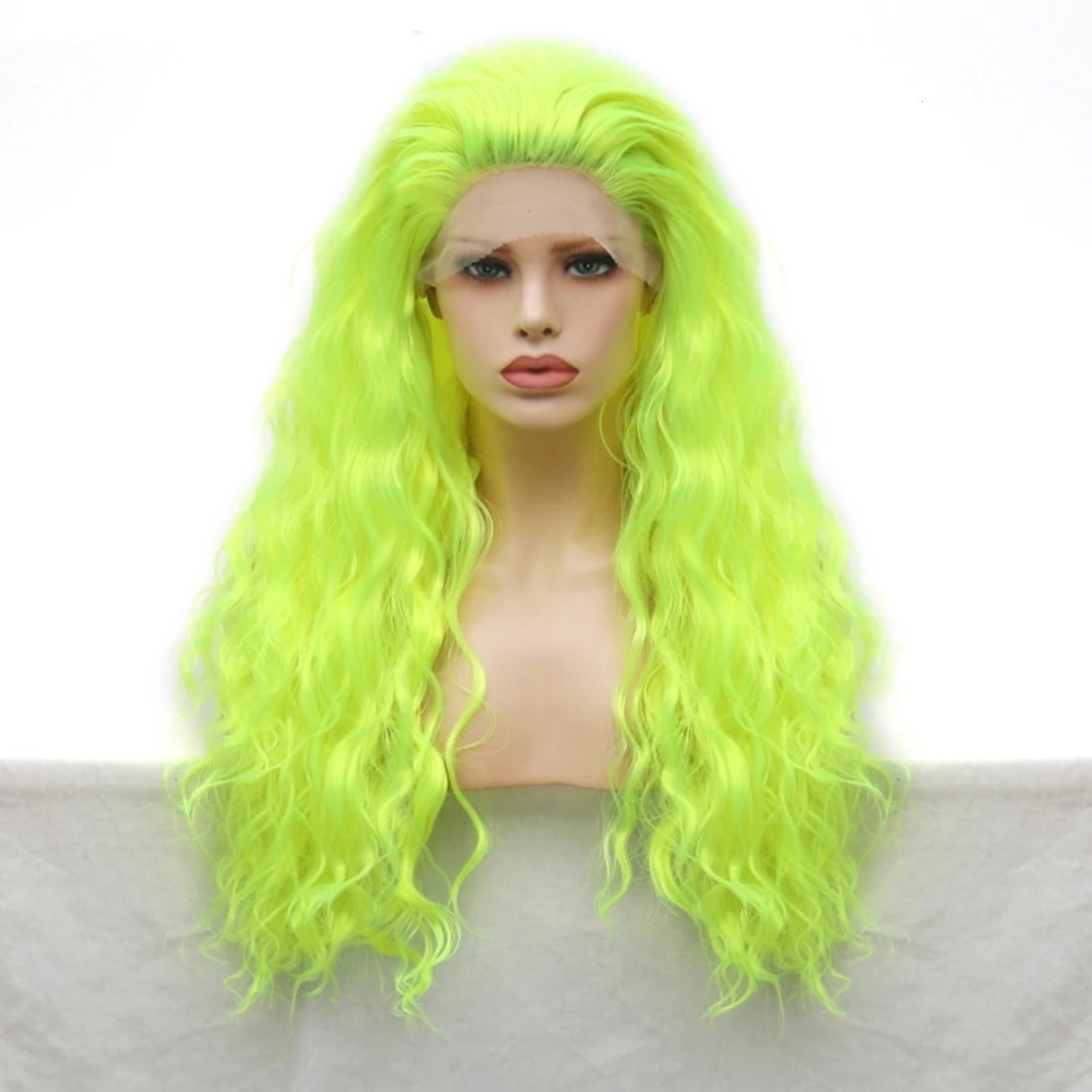 RDY Fluorescent Neon Green Water Wave Synthetic Front Wig Glueless Colored Long Curly Hair Lace Frontal Wigs for Women