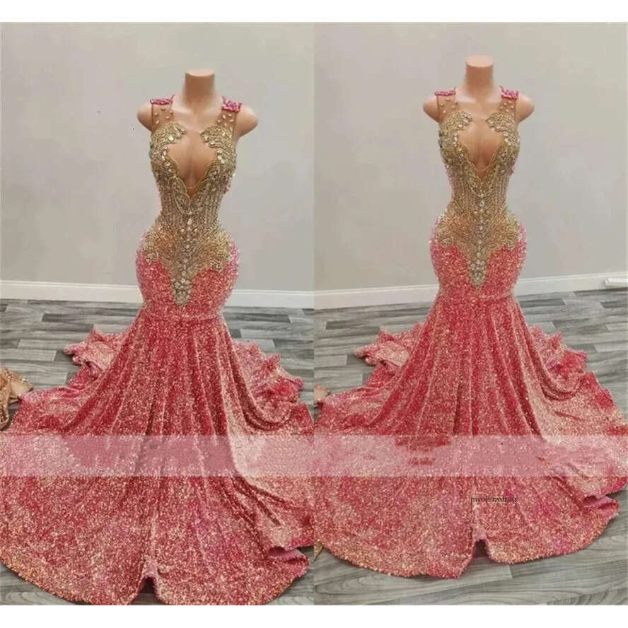 Sparkly Rhies Pink Long Prom Gowns For Black Girls 2024 Gold Beaded Dia Mermaid Evening Dresses 0431