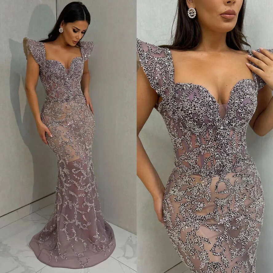 Mermaid Gorgeous Evening Elegant Capped Prom Dress Pleats Beaded Crystal Custom Made Formal Dresses For Women