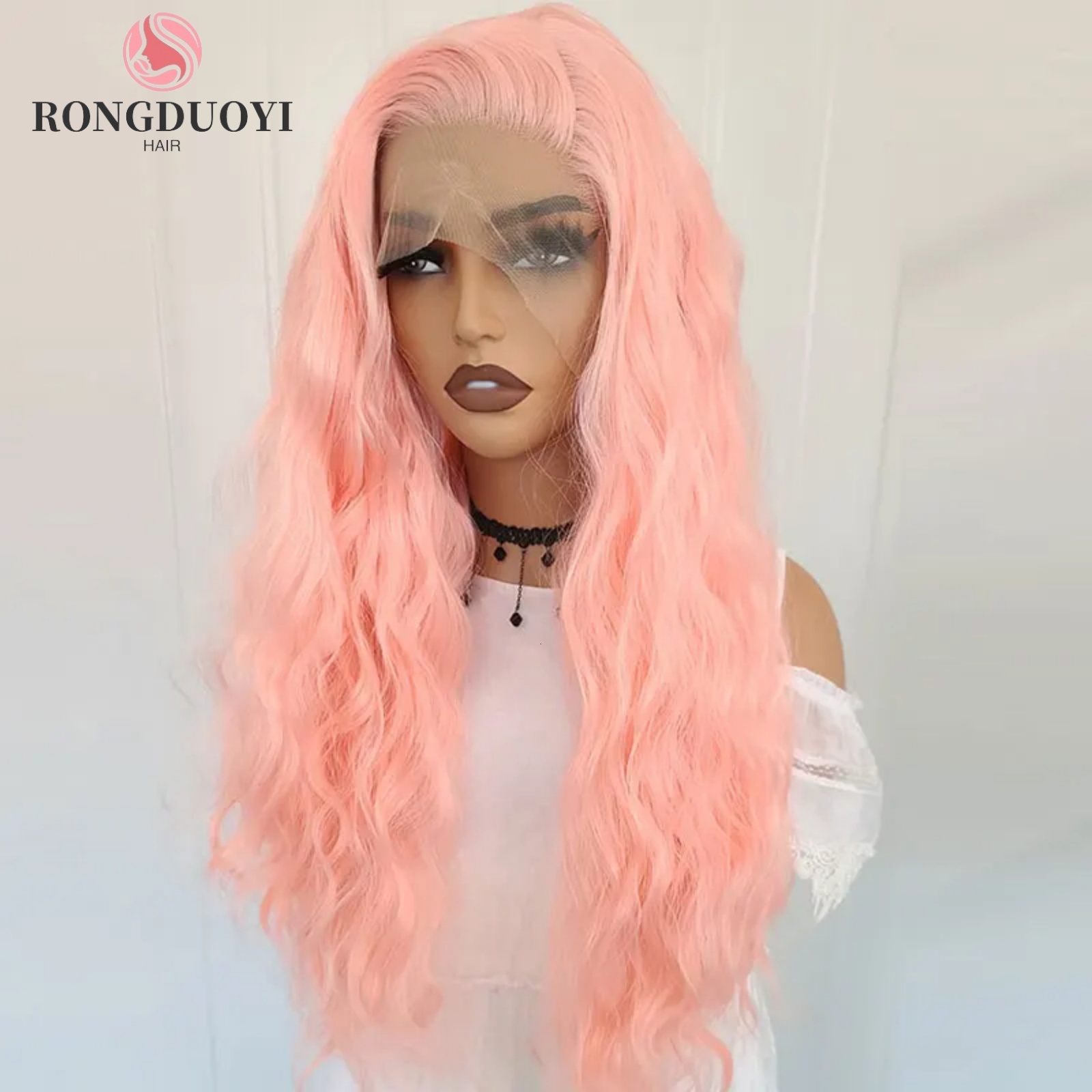 13X4 Peach Pink Natural Wavy Synthetic Front Wig Long Curly Light Orange Colored Hair Lace Frontal Wigs for Women Party