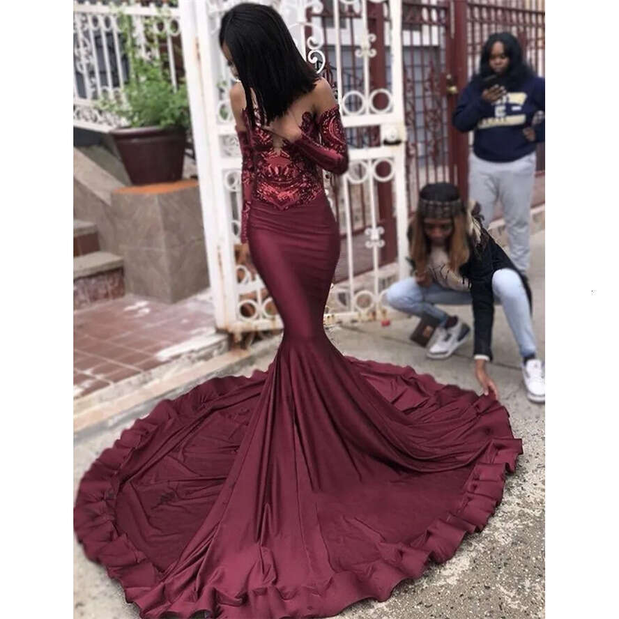 Bury Sequins Prom Dresses 2022 Mermaid Off Shoulder Long Sleeves Backless Evening Party Gowns Special Ocn