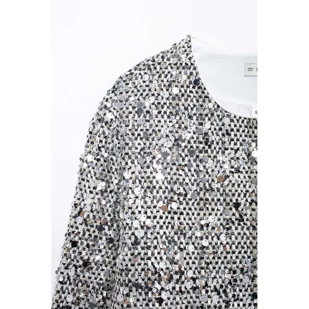 TRAFZA Women Fashion Tweed Sier White Sequins Cardigan New Spring Fall High Street Y2k Sequined Jacket