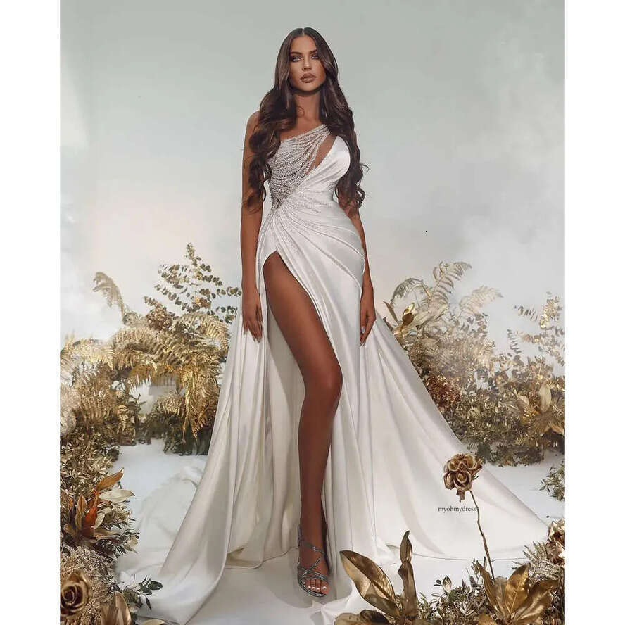 Stylish Mermaid Prom Dresses Sleeveless V Neck One Shoulr Appliques Bead Or Length Satin 3D Lace Si Slit Evening Dress Bridal Gowns Plus Size Custom 0