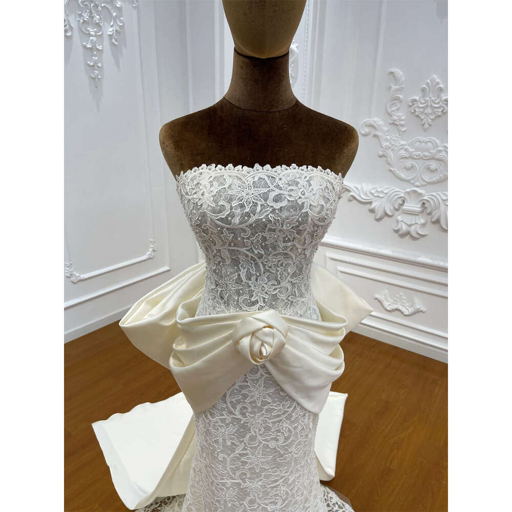 Sleeveless Appliques Lace Mermaid Bridal With Detachable Stain Bow Wedding Dress