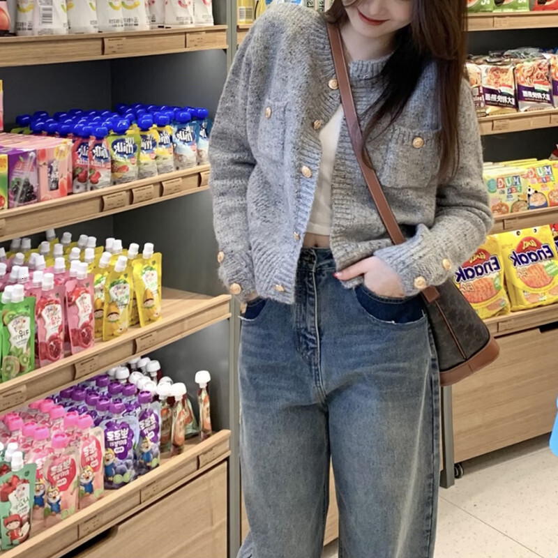 Korean Grey Knitted Cardigan Autumn New Style Small Fragrant Round Neck Short Sweater Women Coat F1028#38