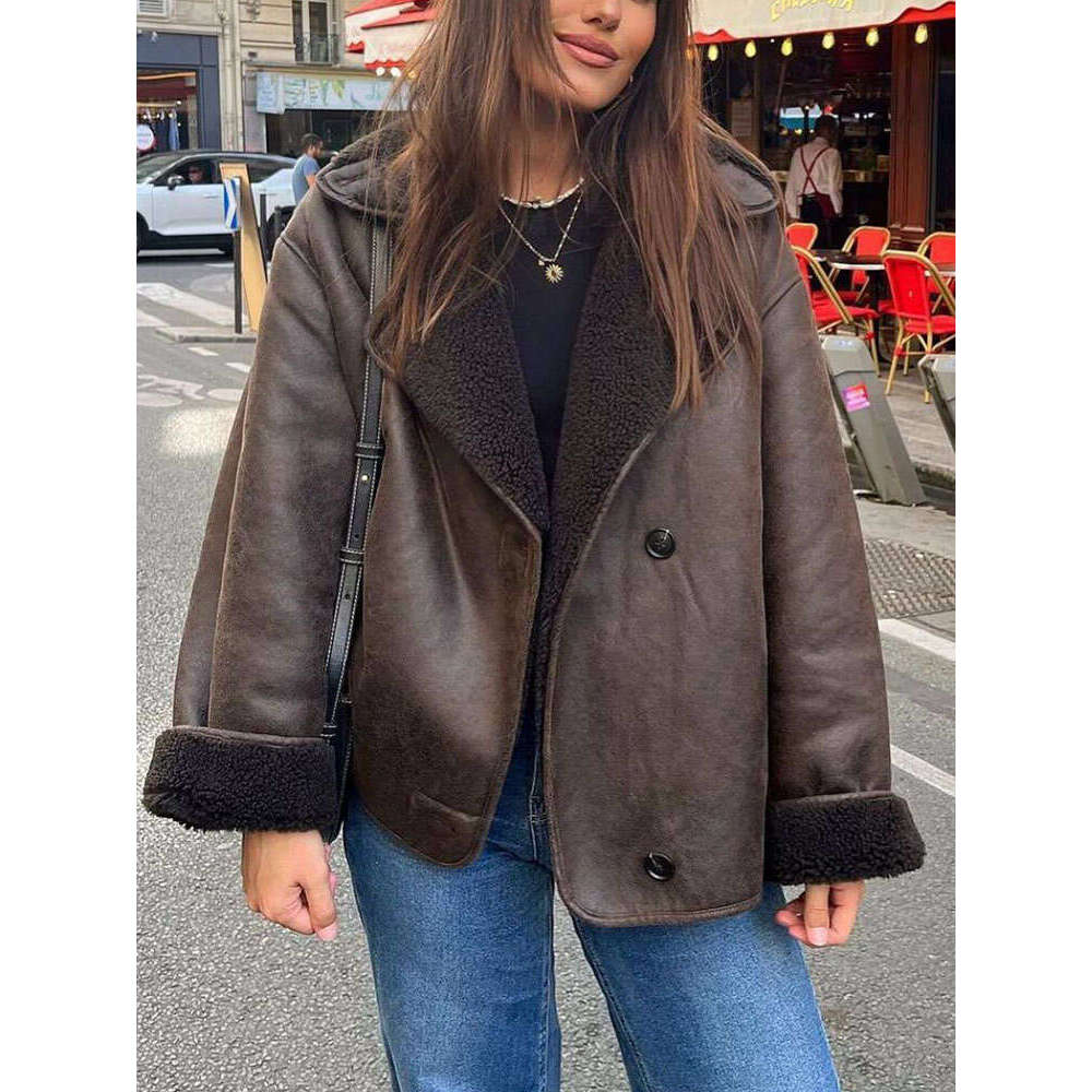 Suede Fleece Woman Vintage Jacket Faux Fur Lapel Pocket Casual Thicken Coat 2024 Ladies Autumn High Street Warm Outwear