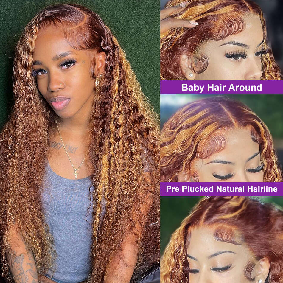 Kinky Curly Wigs Highlight Wig Human Hair Ombre Honey Blonde x HD Lace Frontal Front