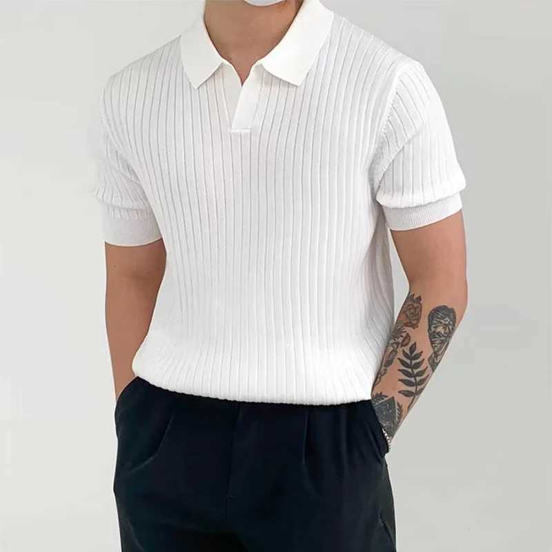 Fashion Knit Solid Color Mens Polo Shirt Slim Short Sleeve Turn-down Collar Ribbed Polo Tee 2023 Summer Men Clothes Casual Tops XJ250605