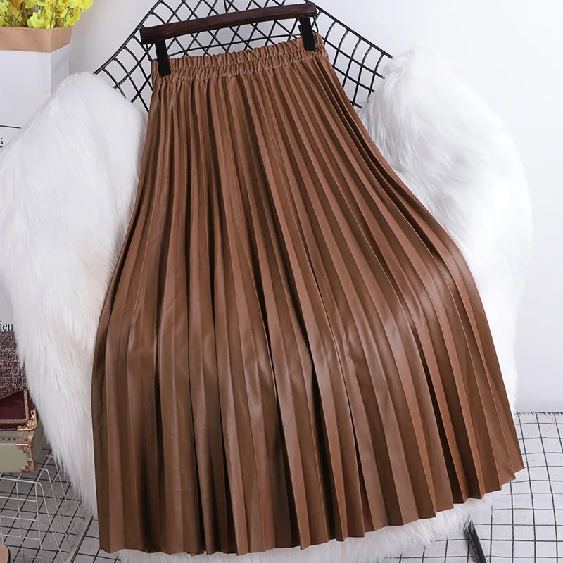Wrinkled PU Leather Autumn/Winter Korean Style Ultra Thin Elastic High Waist A-line Wrinkled PU Womens Leather 241028
