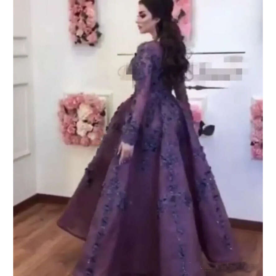 Saudi Arabic Purple 3D Wer Evening Dresses With Full Sleeves Lace Ral Prom Gowns Ankle Length Party Dress Vestido 0521
