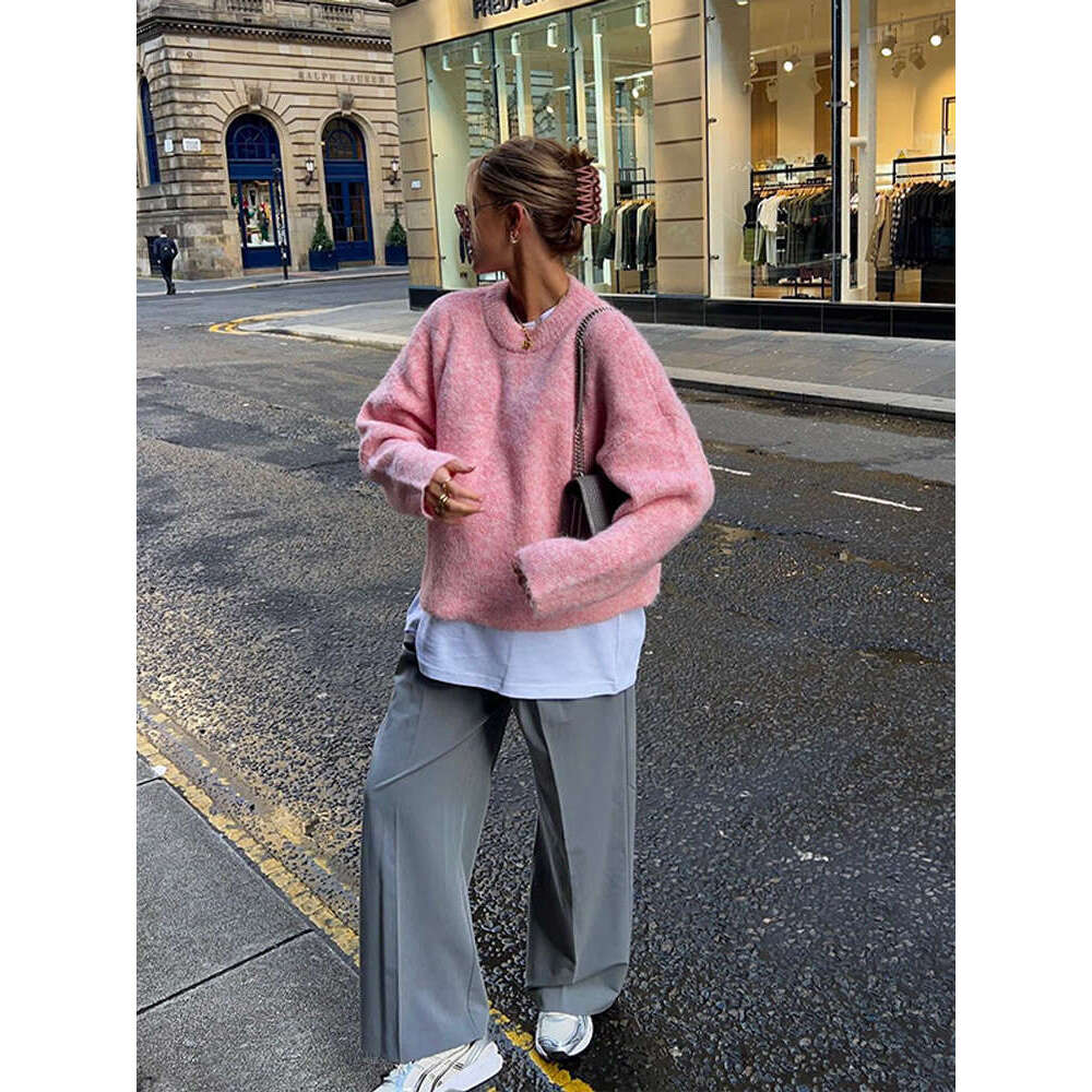 Casual Oversize Pink Women's Cashmere Base Sweater Fashion Long Sleeve Solid Round Collar Pullover 2024 New Lady High Streetwear