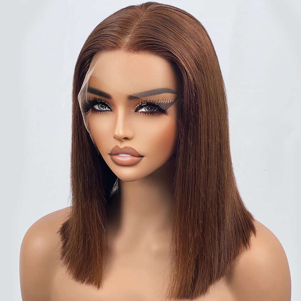 Bob Wigs Human Hair Chocolate Brown Lace Front For Women Lightly Bleached Knot Density