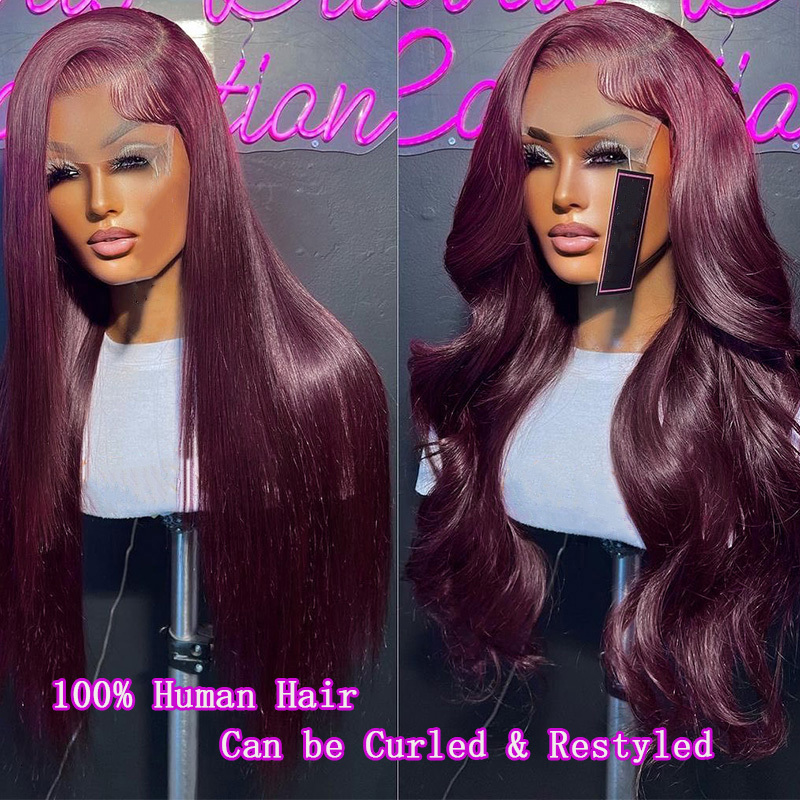 13X6 13X4 Frontal Bone Straight Bury For Women 99J Colored Transparent Lace Front Human Hair Wigs