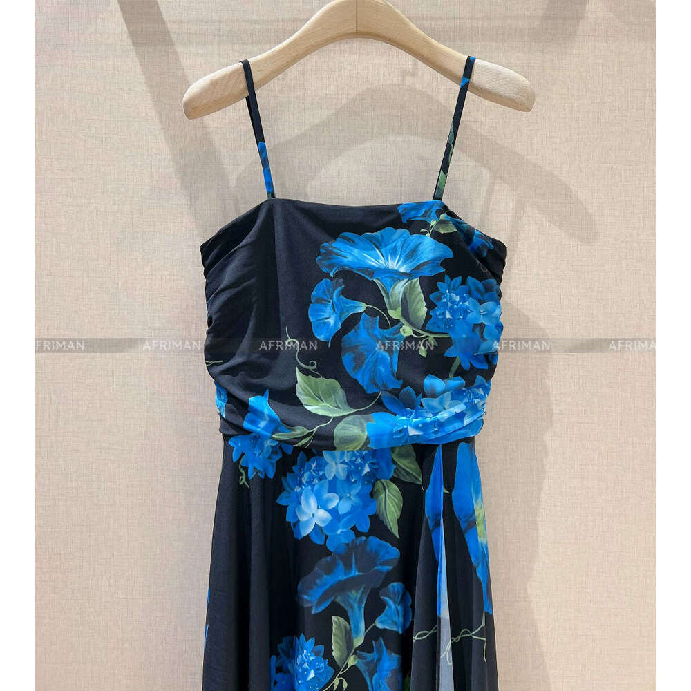 Women Blue Morning Glory Hyacinth Positioning Print Strapless Suspender High Waisted Dress