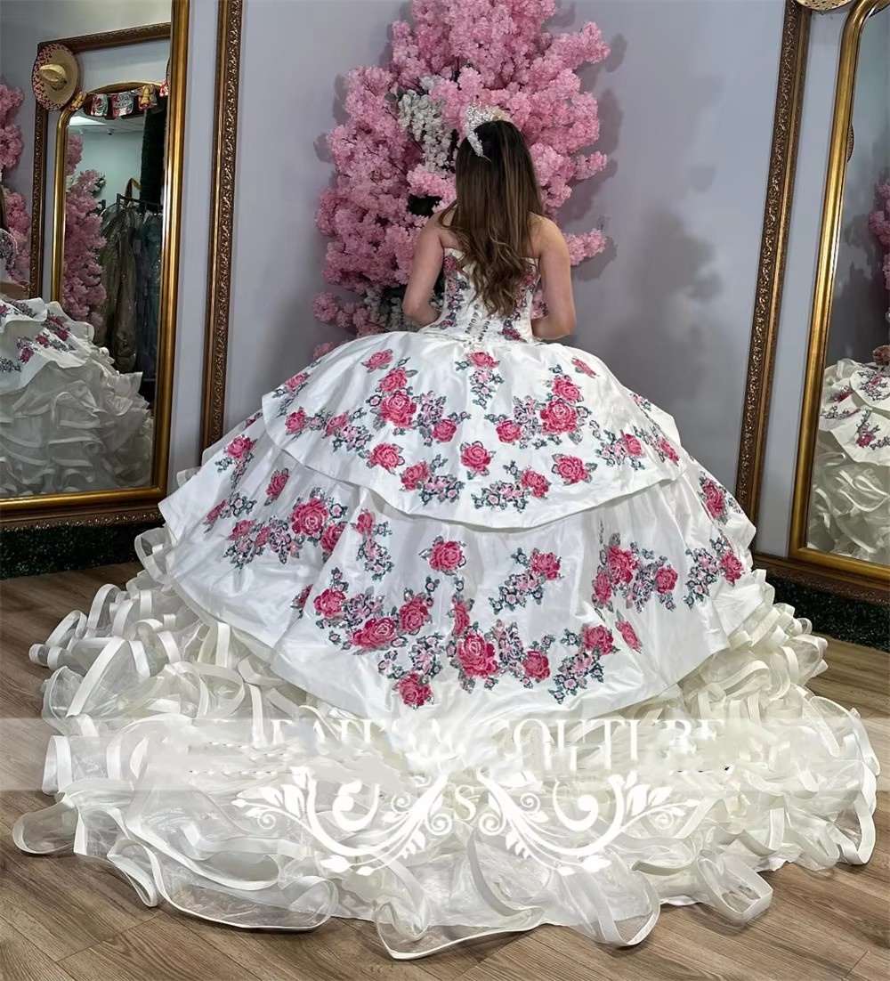 White Strapless Quinceanera With Pink Wer Embroidery, Ball Gown, Ruched Ruffles, Formal Graduation Dress
