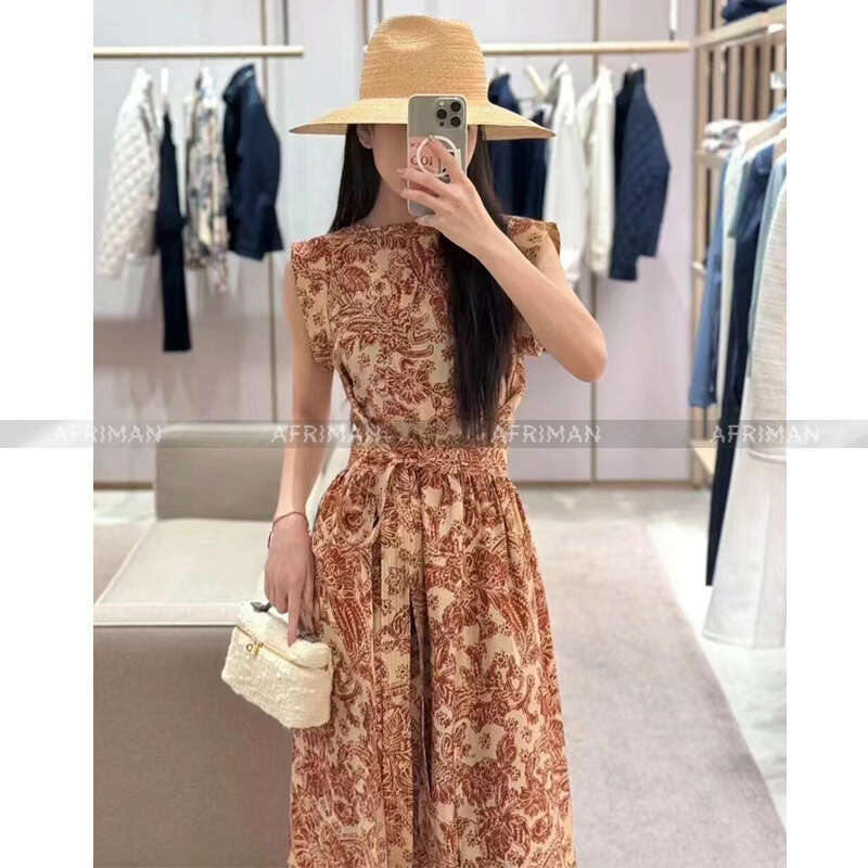 Women Vacation Style Ink Painting Orange Fragmented Wer Long Silk Dress With Belt