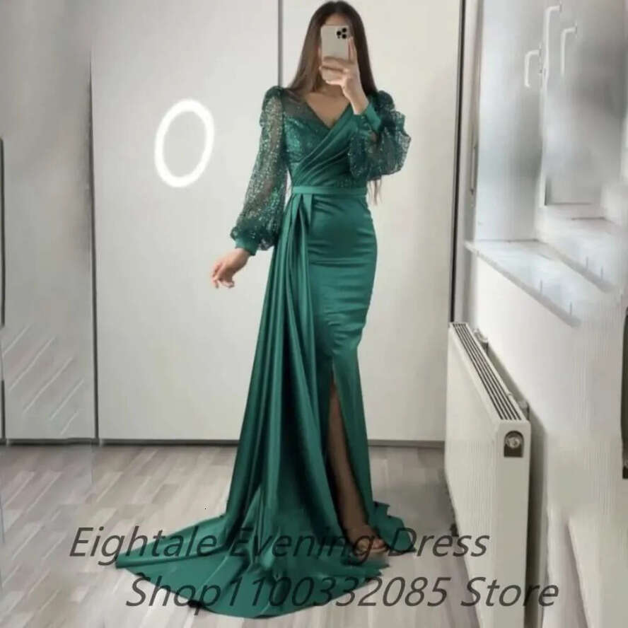 Dark Green Mermaid Satin Evening Dresses Long Sleeves V Neck Sparkly Sequins Custom Made Plus Size Prom Party Gown Vestidos 0914