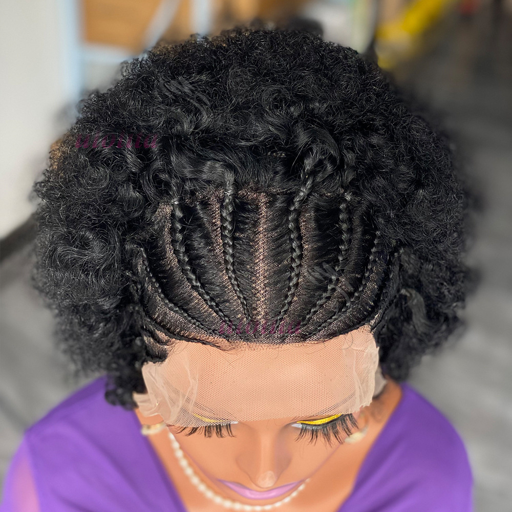 6 inch Afro Kinky Human Hair with Braids 180% Density 13x4 Transparent Lace Short Curly Bob Wigs for Women PrePlucked