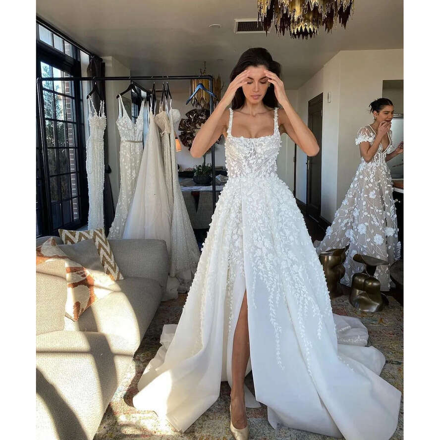 Straps Boho A E Dresses For Bride Square Neck Appliques Wedding Dress Vestidos De Novia Front Slit Designer Bridal Gowns 0515