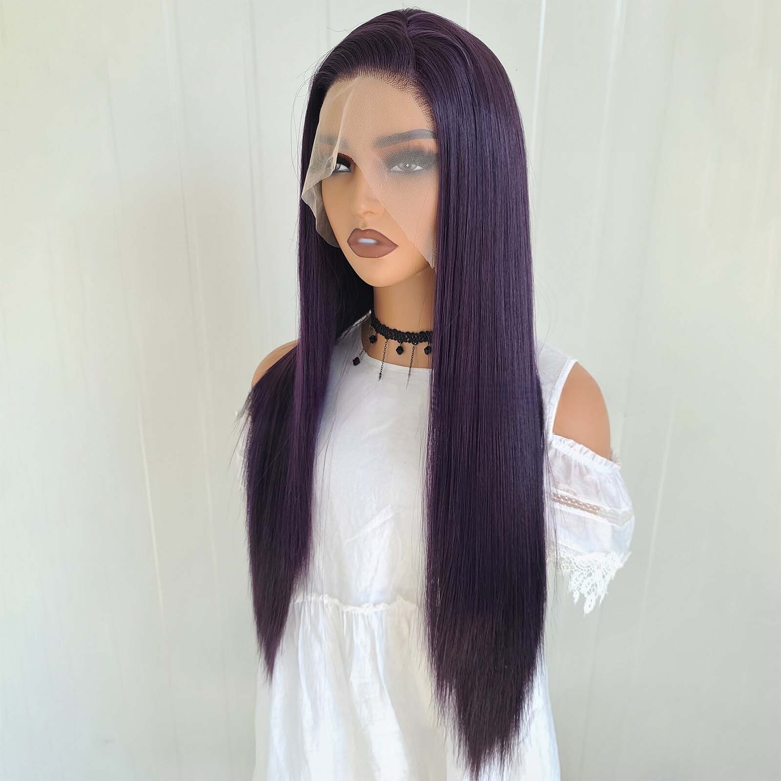 Long Straight Synthetic Lace Front Wig Glueless Ready to Wear Dark Purple Hair Frontal Wigs for Women Party Cosplay