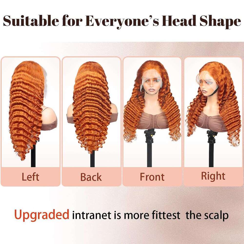 Density x HD Transparent Lace Front Human Hair Frontal Curly Wigs Natural Ginger Deep Wave For Women