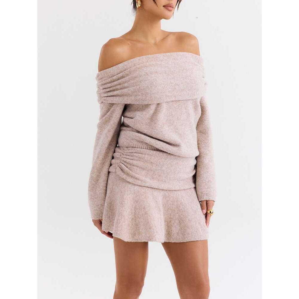 2024 New Classic One Shoulder Slim Fit Cashmere Sweater Sets Fashion Solid Pleat High Waist Mini Skirt Suit Lady Chic Streetwear