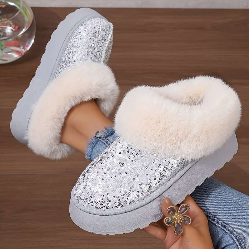Women's Sequins Decor Platform Short Fashion Slip On Plush ed Boots, Comfortable Winter Ankle Boots