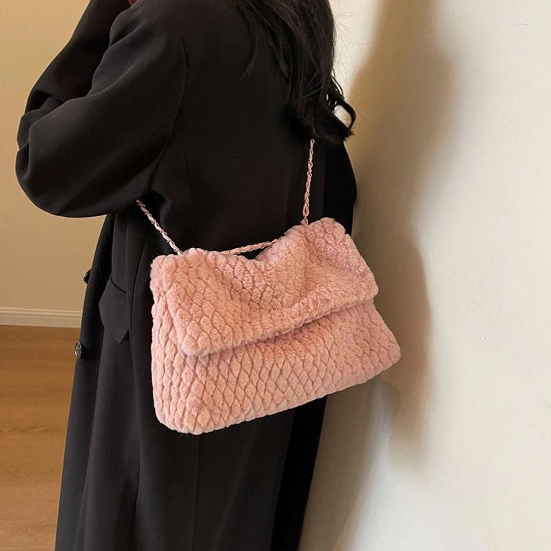 2025 NEW Drawstring Women Girls Solid Color Chain Shoulder Bag Large Capacity Furry Tote Handbags Soft Plush Messenger fashionable item zhanyishengli