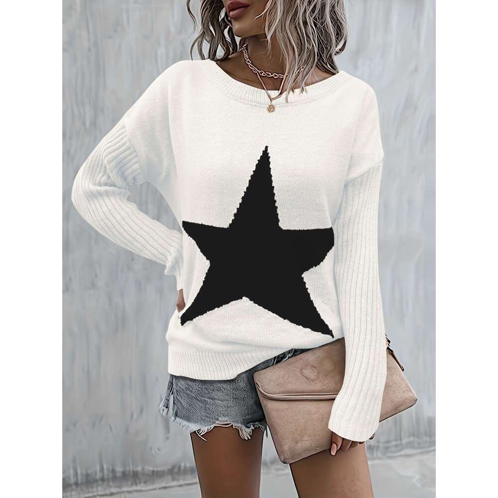 Miyouj O-Neck Pullover Star Printed Knitted Sweater Women's Casual Top Long Sleeve Sweaters Tops Lady Autumn Loose Clothes