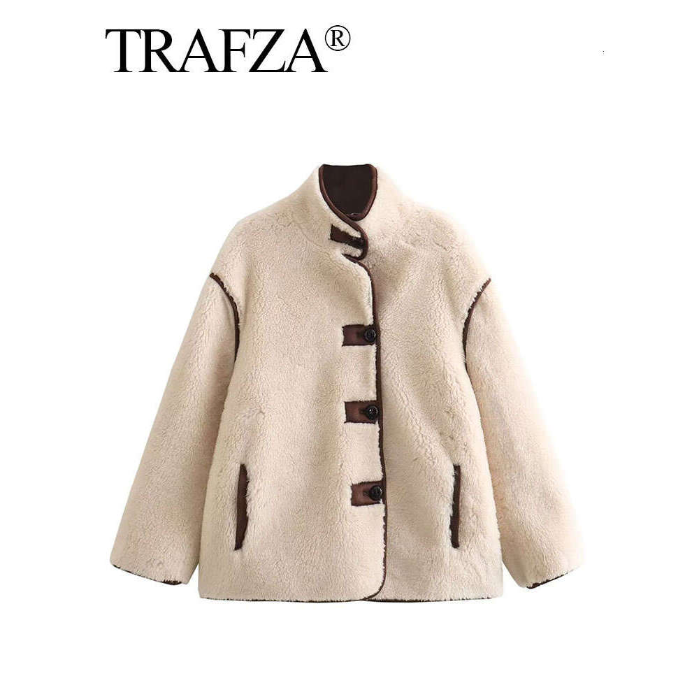 TRAFZA Autumn Fashion Women Fleece Coat Turtleneck Single Breasted Long Sleeve Jacket Winter Warm Female Casual Loose Outerwear