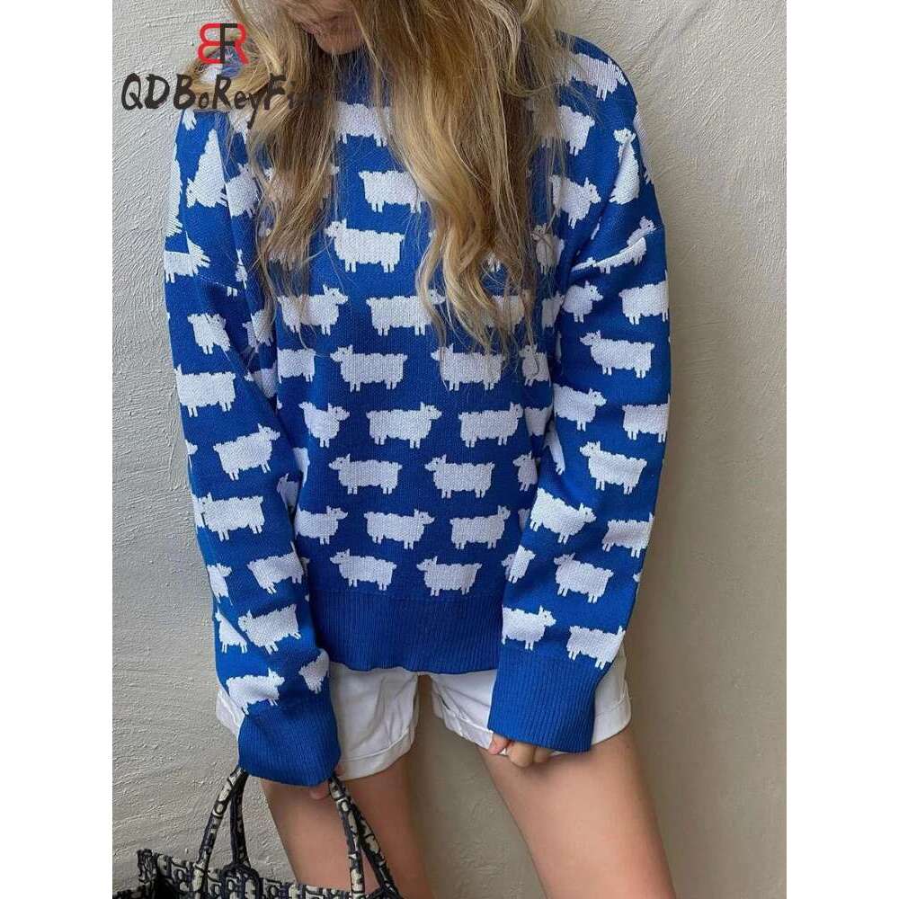 Women's Oversize Sweater Winter Autumn Animal Printed O-Neck Casual Jumpers Knitted Long Sleeve Tops Loose Office Pullovers 2024
