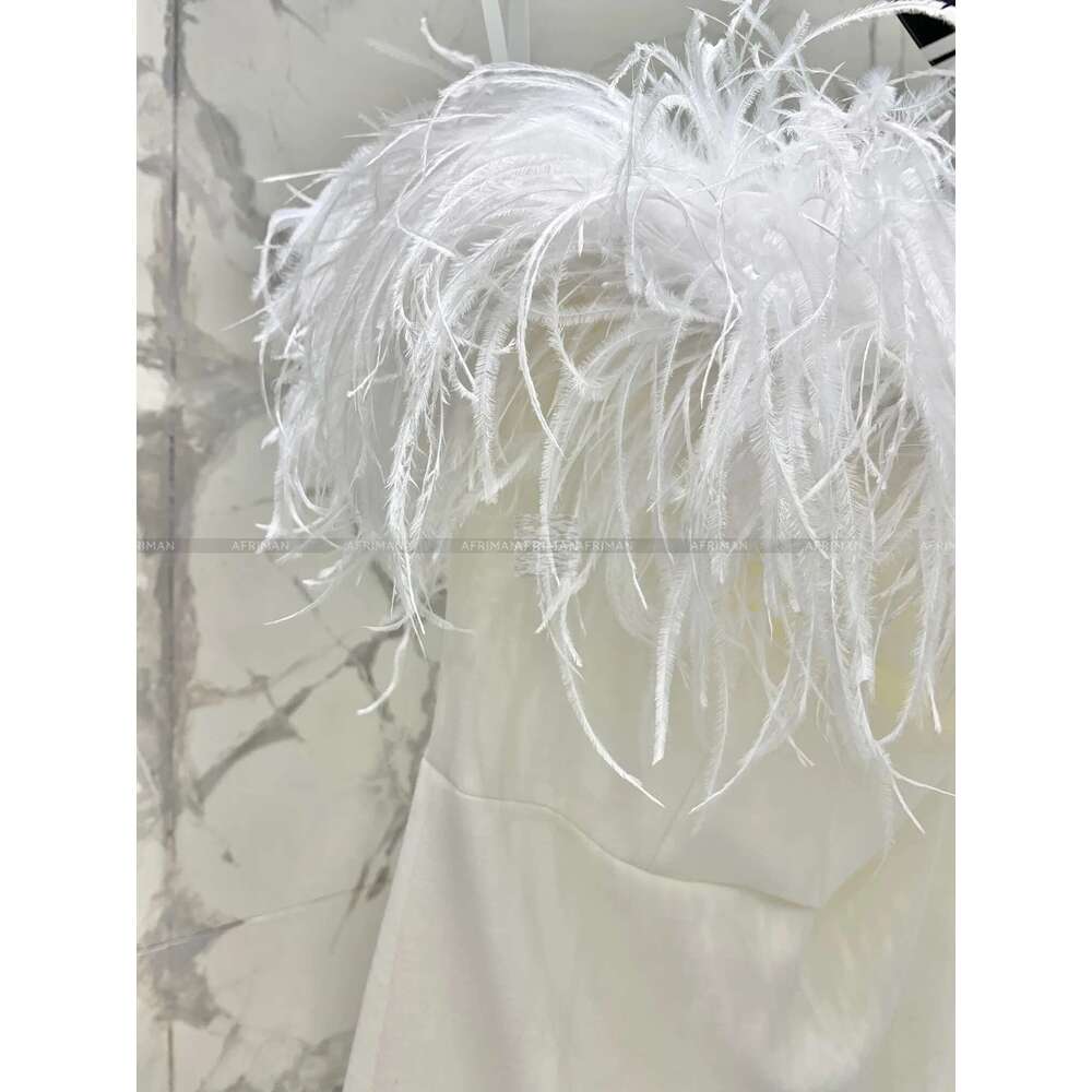 Women Ostrich Hair Strapless Slash Collar Celebrity Style Event Wear Sexy Bodycon Dress