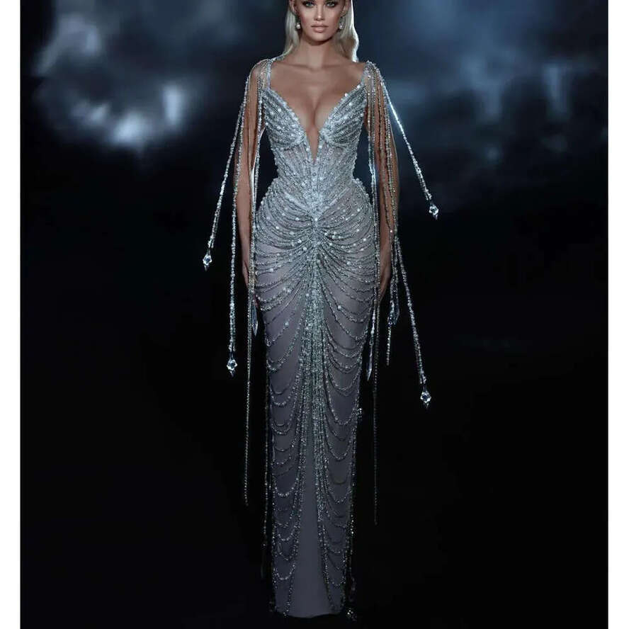 Sxy Mrmaid Prom Drsss Slss V Nck Straps Appliqus Squins Badd Or Lngth Dias 3D Lac Tassl Evning Drss Bridal Gowns Plus Siz Custom 0508