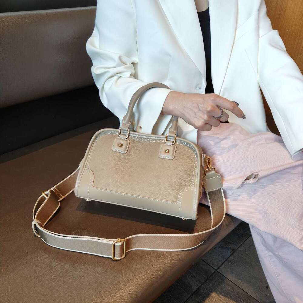 Euro Style Hit-Color Large Capacity Boston Tote For Commuter Natural Cowhide Leather Women Handbag Wide Strap Lady Shoulder Bag