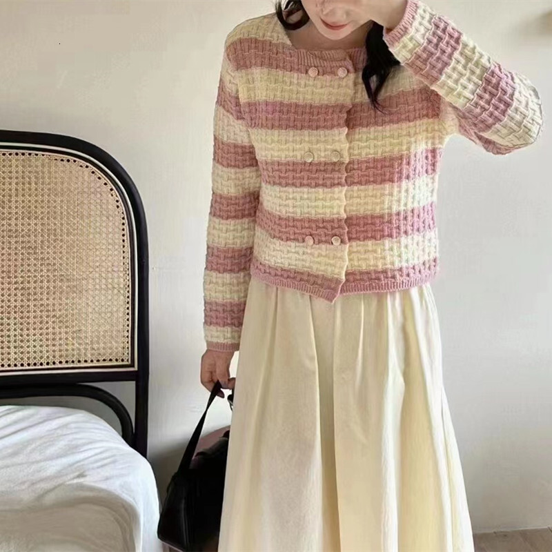 Autumn Winter New Korean Striped Round Neck Sweater Women French Soft And Sticky Double Breasted Versatile Knitted Cardigan For Women F1028#38