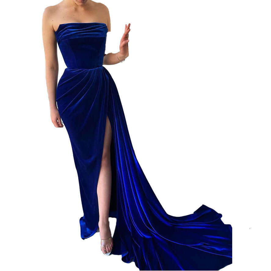 Sexy Royal Blue Mermaid Prom Dresses Long For Women Strapless Draped Or Length High Side Split Birthday Pageant Celebrity Evening Party Gowns Formal O