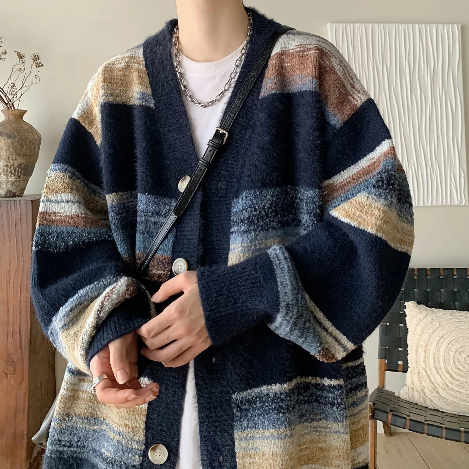 Mens Clothing Knit V Collar Patchwork Cardigan Sweater Coat Long Sleeve Korean Leisure Oversized Knitwear M3XL 241024