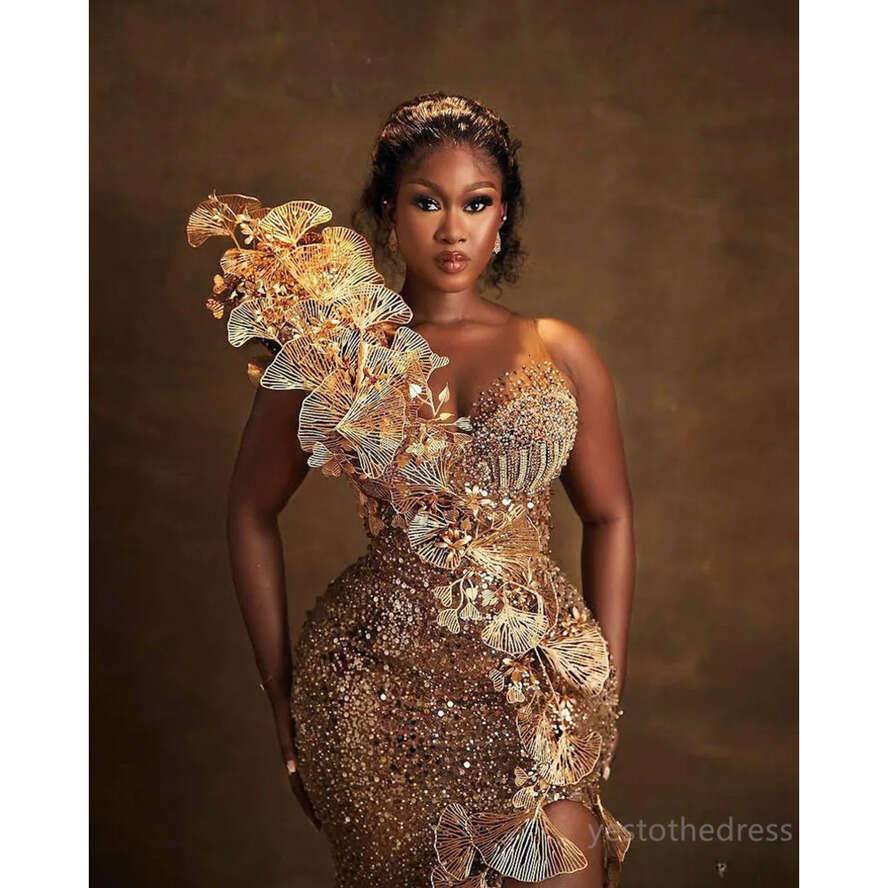 2024 Gold Plus Size Aso Ebi Prom Dresses For Black Women Evening Sequined Lace Mermaid Sexy Side Split Birthday Party Dress Reception Engagement Gowns