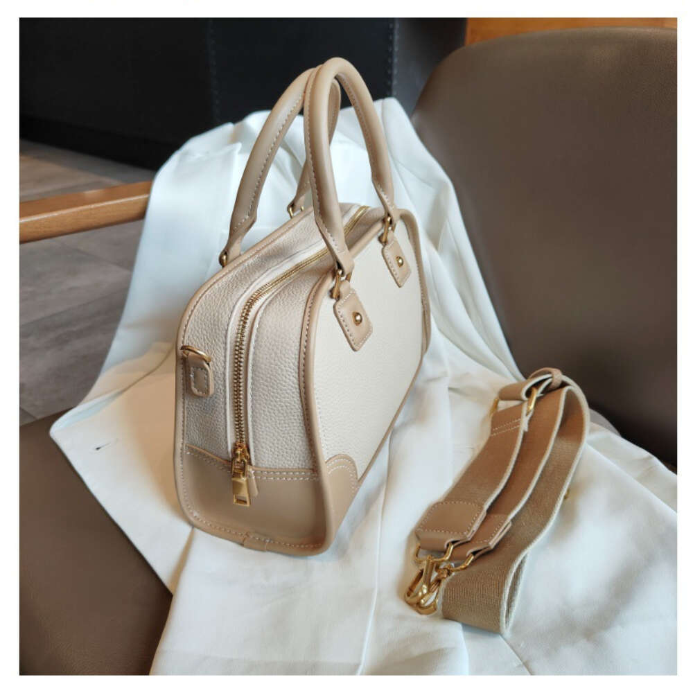 Euro Style Hit-Color Large Capacity Boston Tote For Commuter Natural Cowhide Leather Women Handbag Wide Strap Lady Shoulder Bag