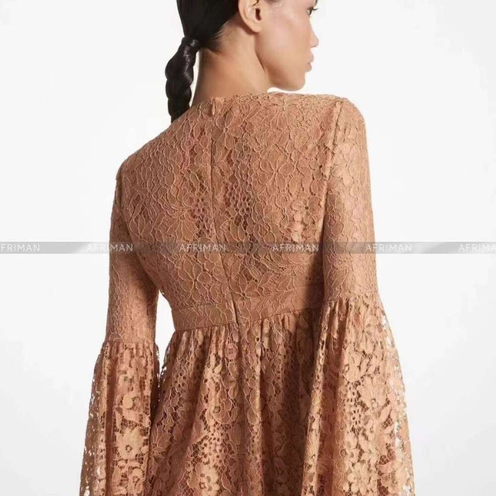 2024 Autumn New V Neck Big Flare Sleeve Pure Color Lace Dress
