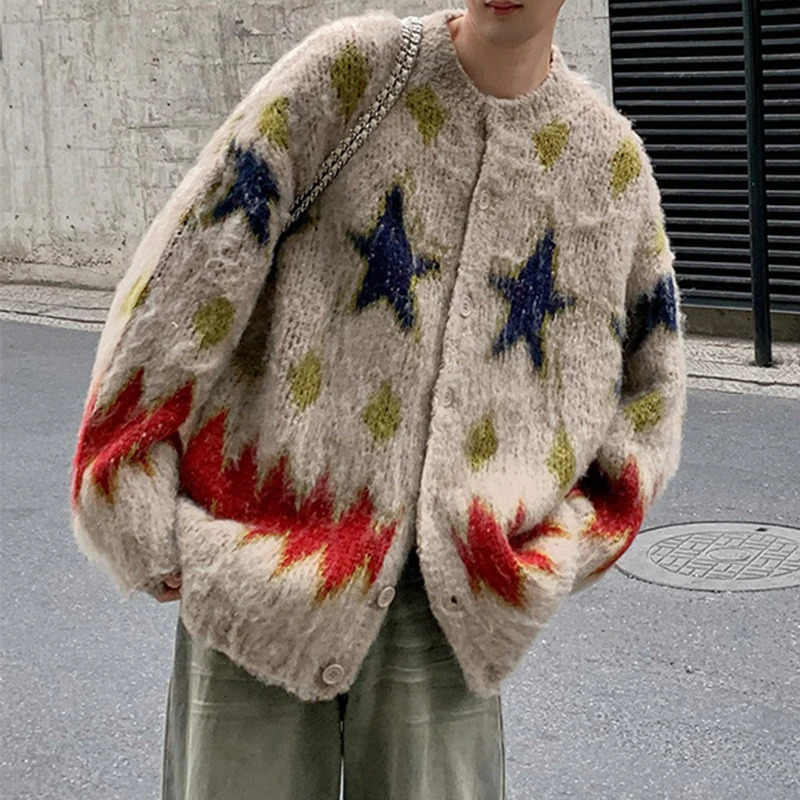 Mens Knitted Graphic Buttons Cardigan Sweater Coat Long Sleeve Casual Streetwear Stylish Leisure Vintage 2024 241024